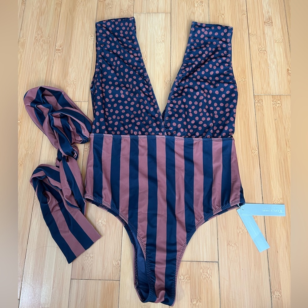Navy and Rust Polka Dot and Stripe Swimsuit